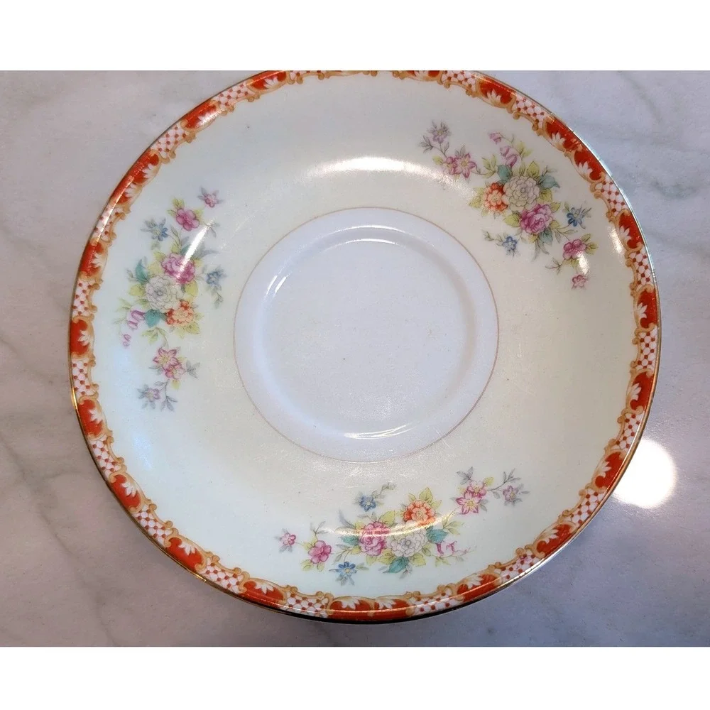 Vintage Kyoto China Saucers Made in Occupied Japan Floral Orange Border Set of 2
